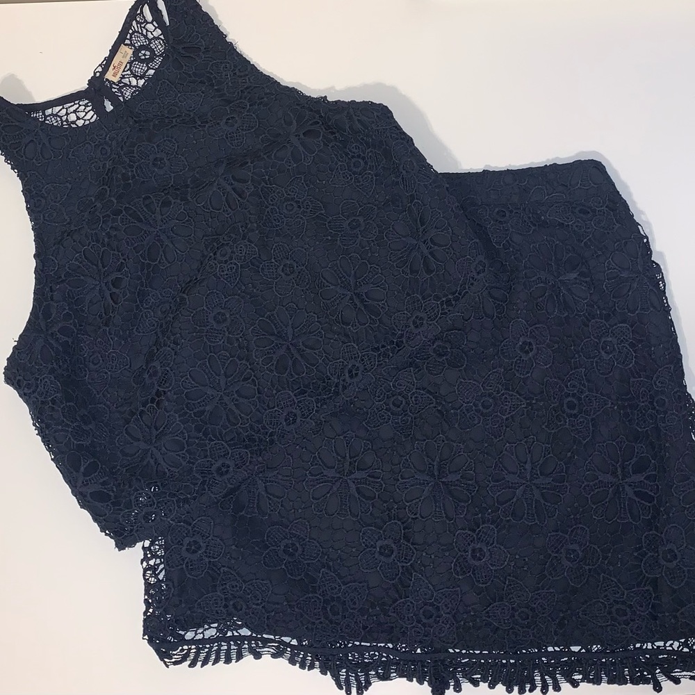 Hollister Dark Blue Lace Crop Top and Skirt Set